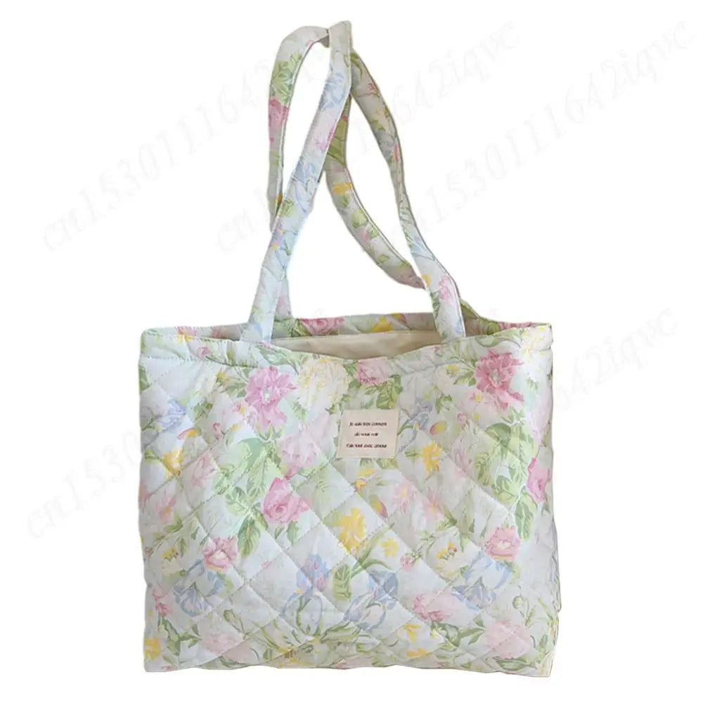 Women Quilted Diamond Lattice Handbag Floral Shoulder Bag Large Capacity Carrying Bag Stylish Commuting Bag Puffy Tote Handbag