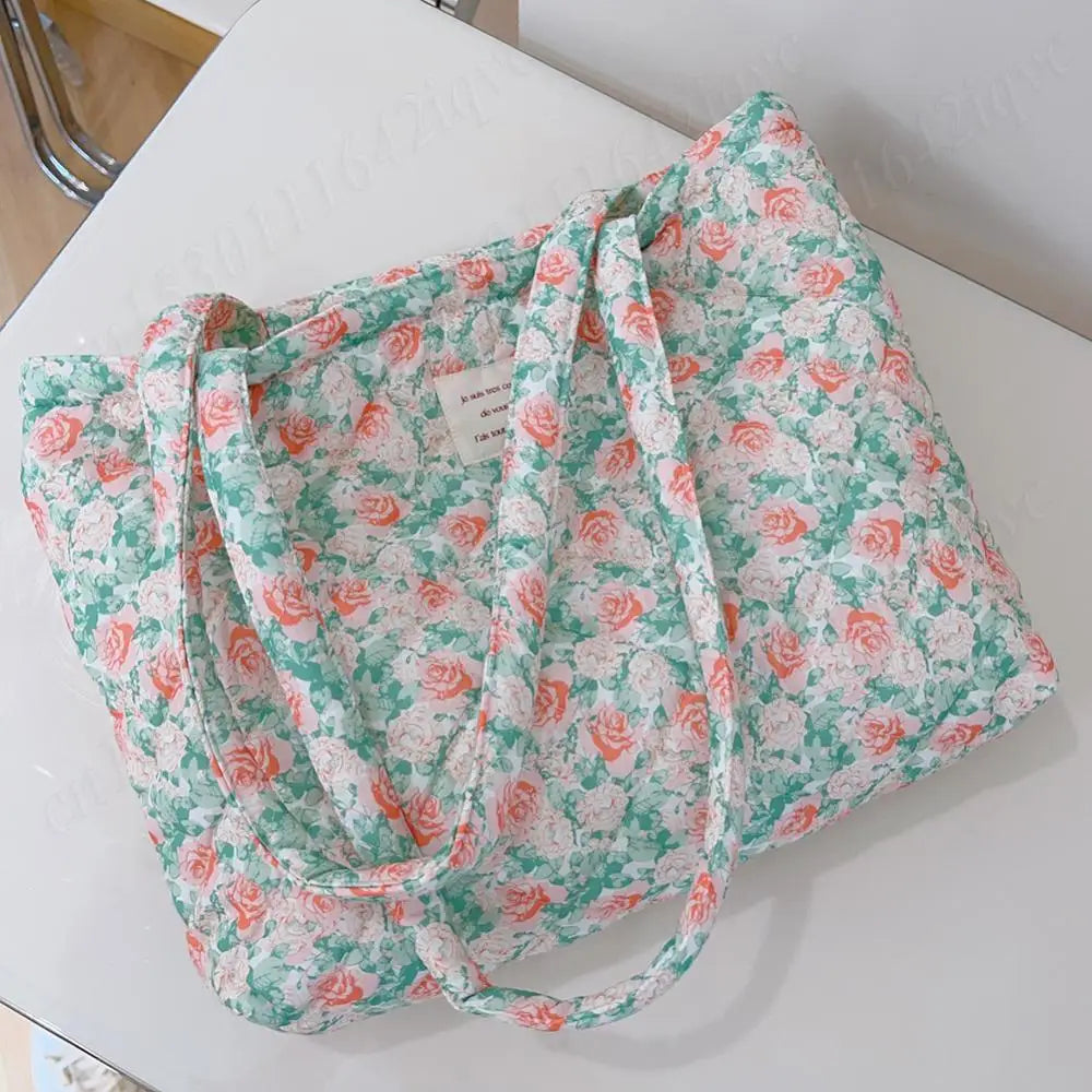 Women Quilted Diamond Lattice Handbag Floral Shoulder Bag Large Capacity Carrying Bag Stylish Commuting Bag Puffy Tote Handbag