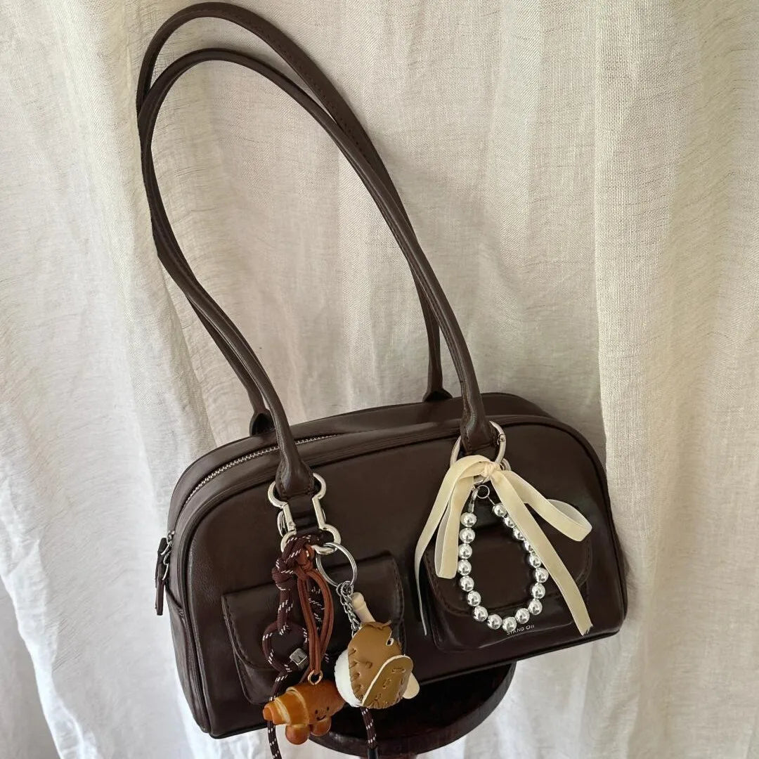 Large Capacity Brown Bowling Handbag Women's Shoulder Bag Retro Korean INS Style Autumn Winter New 2025 Fashion Trend Bag