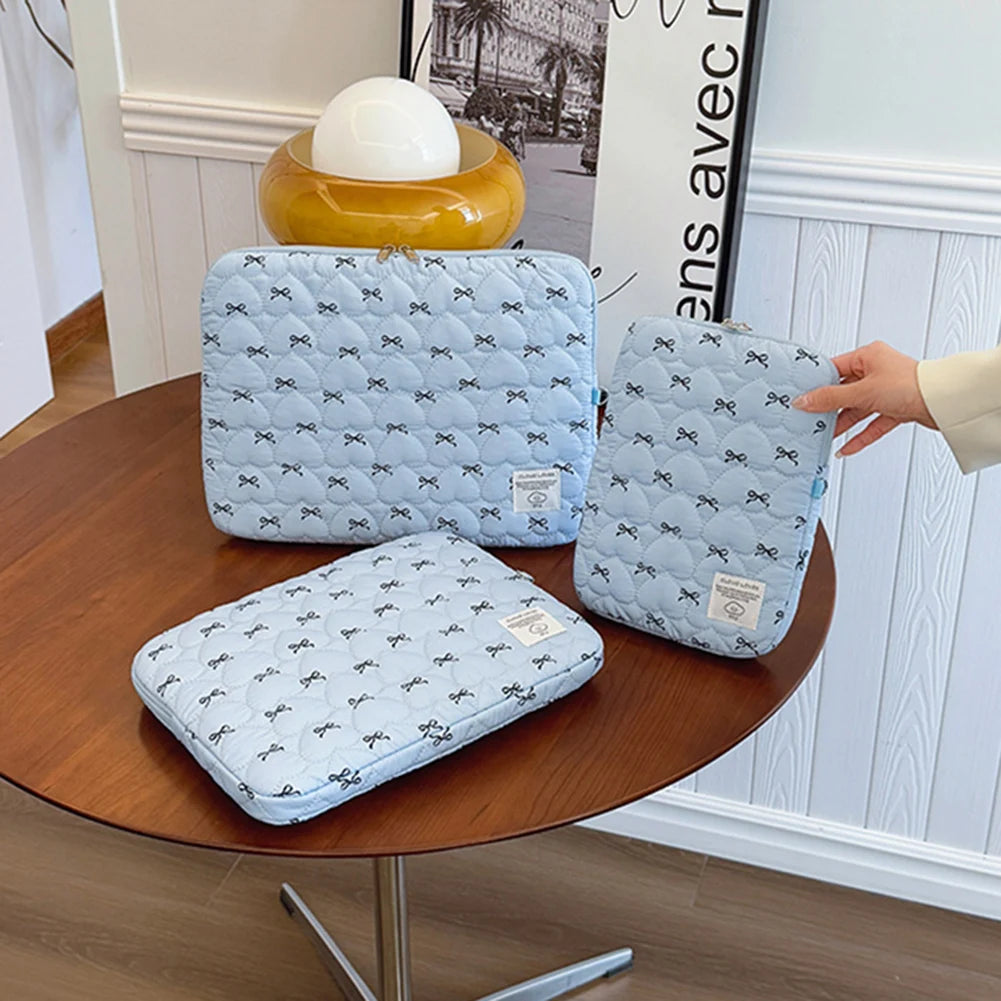 Bowknot Soft Pad Tablet Bag Embroidery Fluffy Padded Bag Shockproof Cute Quilted Laptop Sleeve Commute Work Study Bag