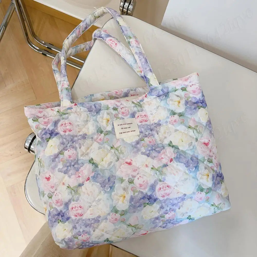 Women Quilted Diamond Lattice Handbag Floral Shoulder Bag Large Capacity Carrying Bag Stylish Commuting Bag Puffy Tote Handbag