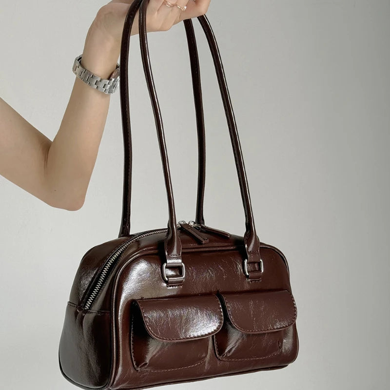 Large Capacity Brown Bowling Handbag Women's Shoulder Bag Retro Korean INS Style Autumn Winter New 2025 Fashion Trend Bag