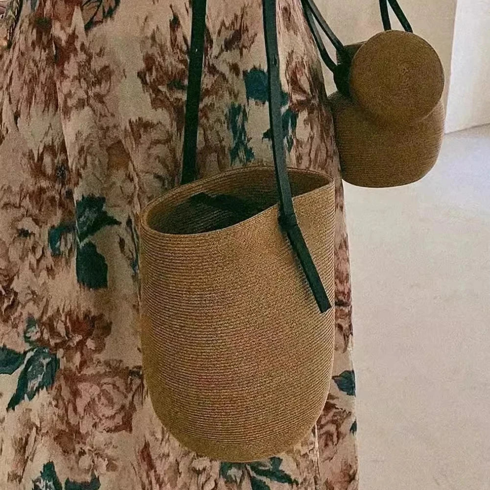 Woven Straw Bag for Women with Adjustable Strap Summer Beach Bag Solid Shoulder Bag Cute Handbag for Travel Shopping