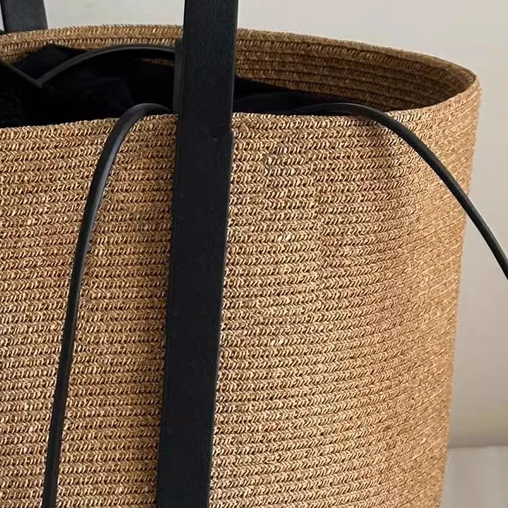 Woven Straw Bag for Women with Adjustable Strap Summer Beach Bag Solid Shoulder Bag Cute Handbag for Travel Shopping