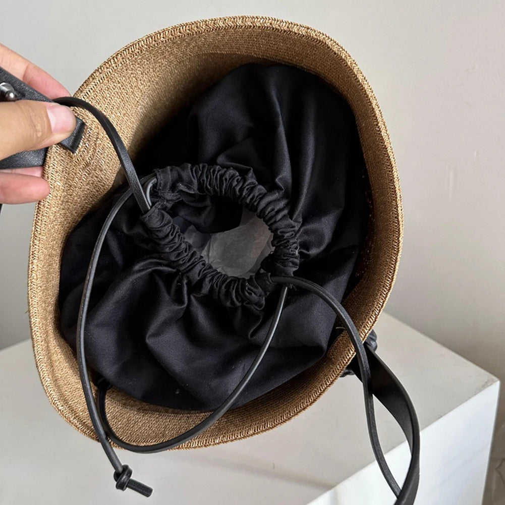 Woven Straw Bag for Women with Adjustable Strap Summer Beach Bag Solid Shoulder Bag Cute Handbag for Travel Shopping