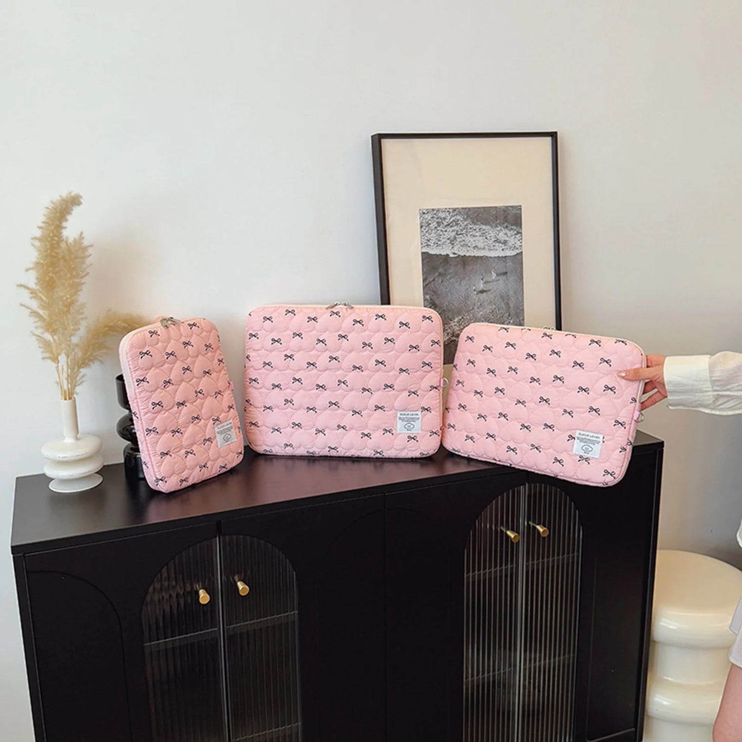 Bowknot Soft Pad Tablet Bag Embroidery Fluffy Padded Bag Shockproof Cute Quilted Laptop Sleeve Commute Work Study Bag