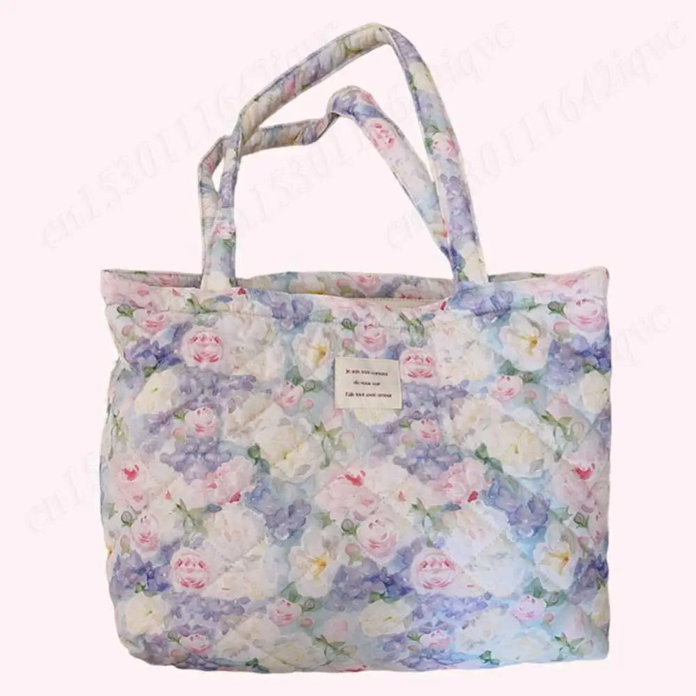 Women Quilted Diamond Lattice Handbag Floral Shoulder Bag Large Capacity Carrying Bag Stylish Commuting Bag Puffy Tote Handbag