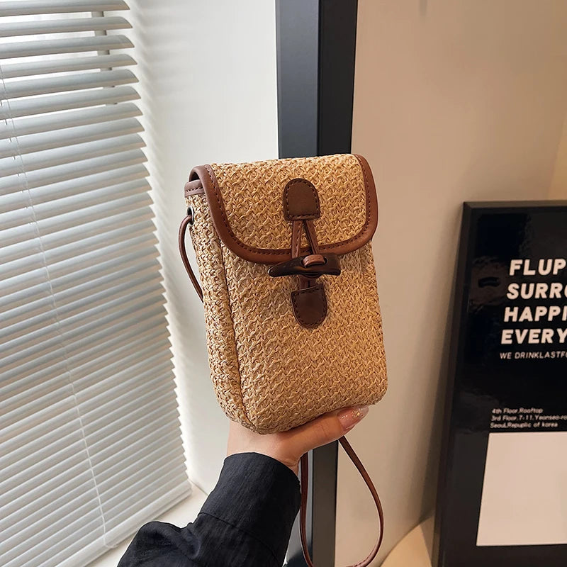 Straw Woven Small Crossbody Bag for Women Fashion Knitted Patchwork Phone Purse Summer Hand-Woven Chic Hobo Bag Ladies Sling Bag