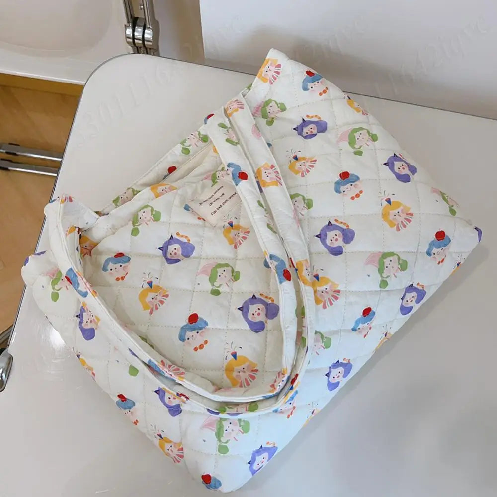 Women Quilted Diamond Lattice Handbag Floral Shoulder Bag Large Capacity Carrying Bag Stylish Commuting Bag Puffy Tote Handbag
