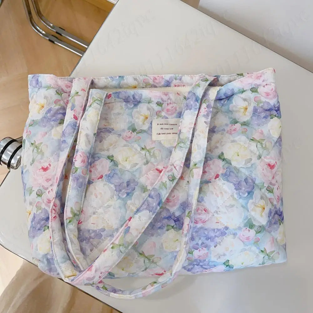 Women Quilted Diamond Lattice Handbag Floral Shoulder Bag Large Capacity Carrying Bag Stylish Commuting Bag Puffy Tote Handbag