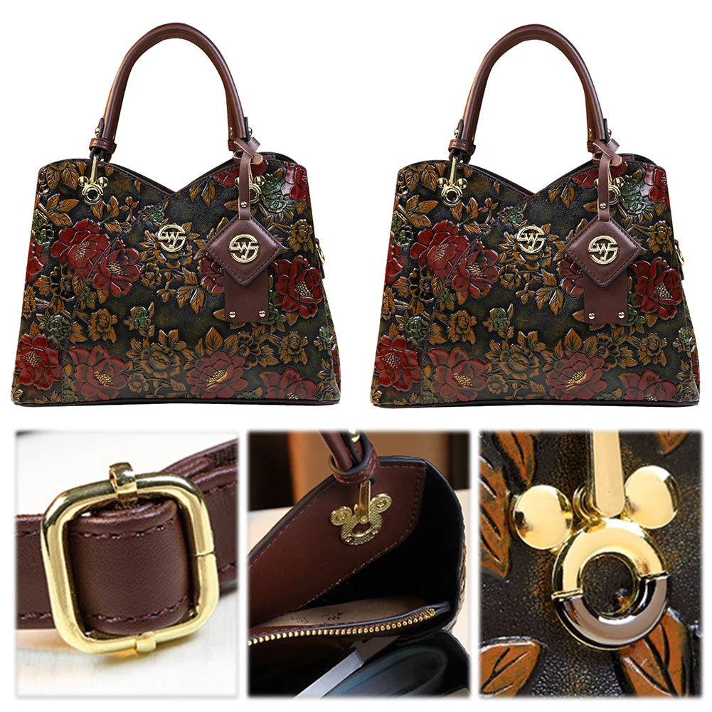 Women Flower Leather Middle-aged Mother Bag Zipper Closure Carved Retro Handbag Large Capacity Top-handle Handbags Satchel Bag