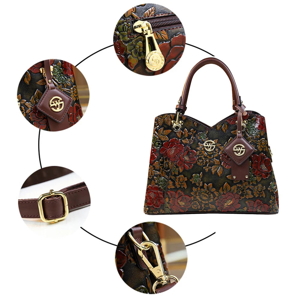 Women Flower Leather Middle-aged Mother Bag Zipper Closure Carved Retro Handbag Large Capacity Top-handle Handbags Satchel Bag