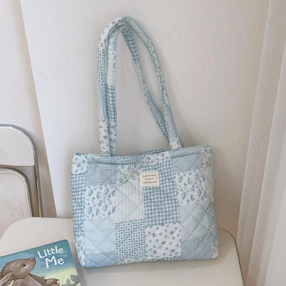 Women Quilted Diamond Lattice Handbag Floral Shoulder Bag Large Capacity Carrying Bag Stylish Commuting Bag Puffy Tote Handbag
