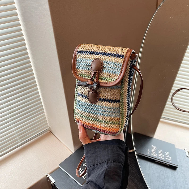 Straw Woven Small Crossbody Bag for Women Fashion Knitted Patchwork Phone Purse Summer Hand-Woven Chic Hobo Bag Ladies Sling Bag