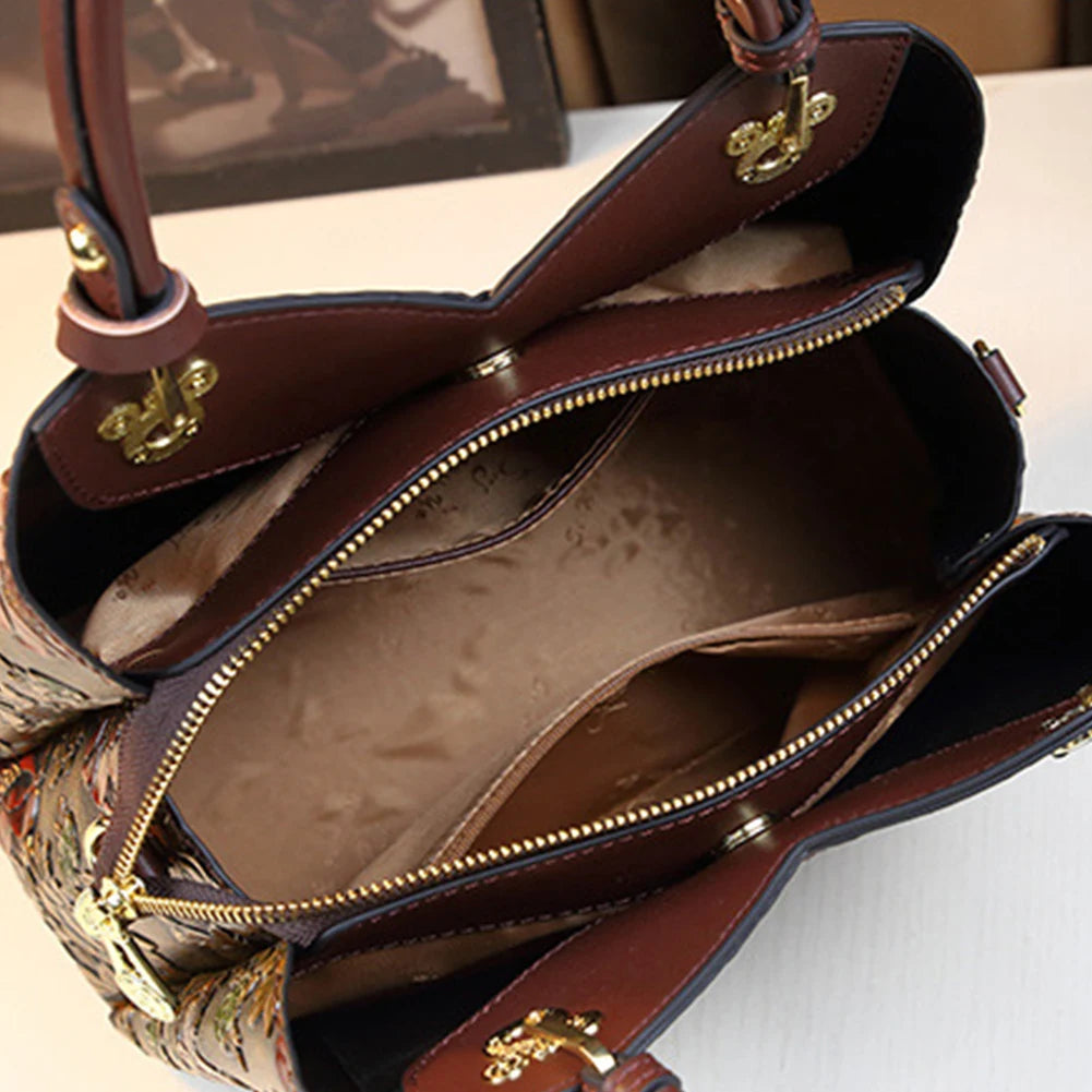 Women Flower Leather Middle-aged Mother Bag Zipper Closure Carved Retro Handbag Large Capacity Top-handle Handbags Satchel Bag