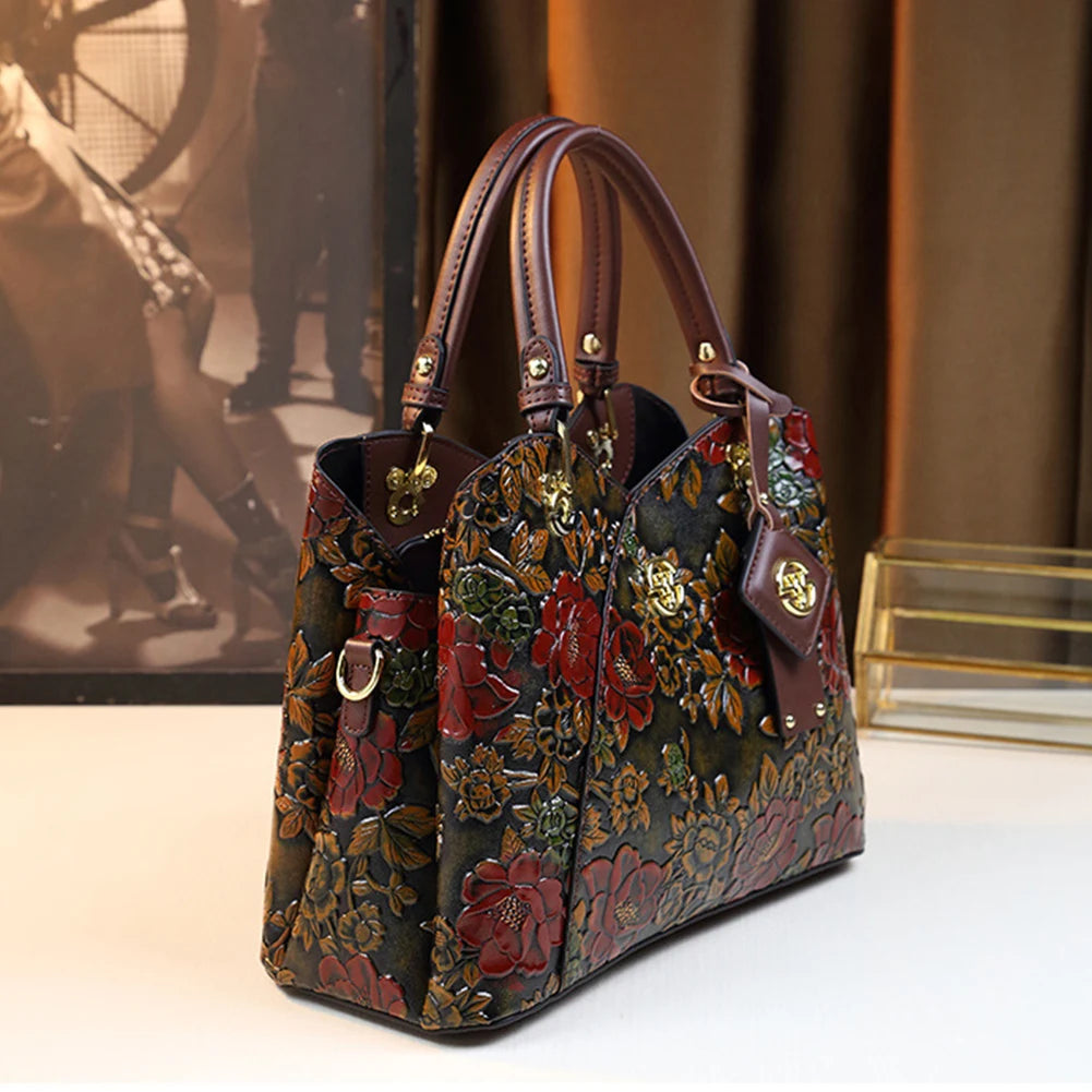 Women Flower Leather Middle-aged Mother Bag Zipper Closure Carved Retro Handbag Large Capacity Top-handle Handbags Satchel Bag