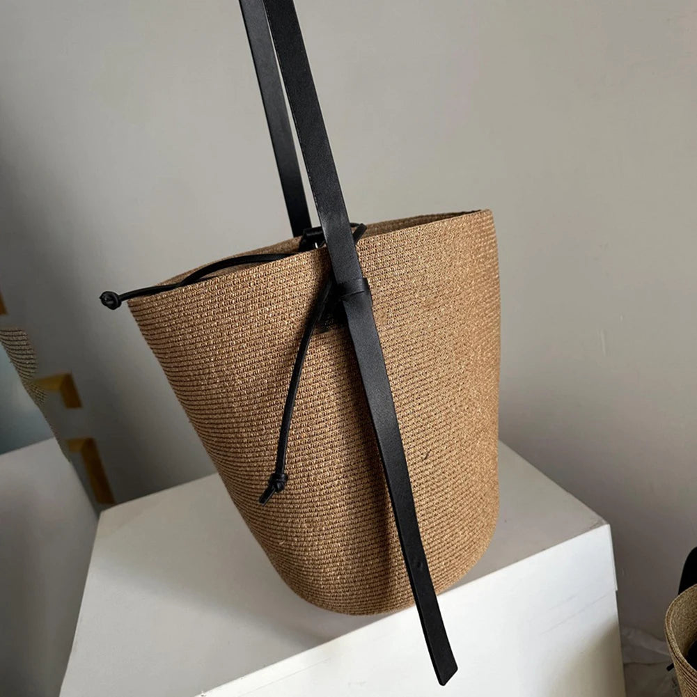 Woven Straw Bag for Women with Adjustable Strap Summer Beach Bag Solid Shoulder Bag Cute Handbag for Travel Shopping