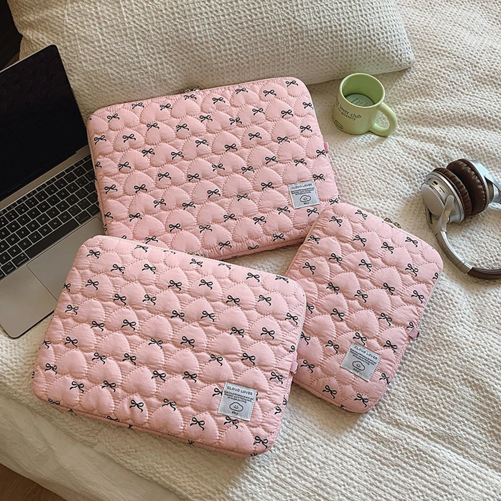 Bowknot Soft Pad Tablet Bag Embroidery Fluffy Padded Bag Shockproof Cute Quilted Laptop Sleeve Commute Work Study Bag