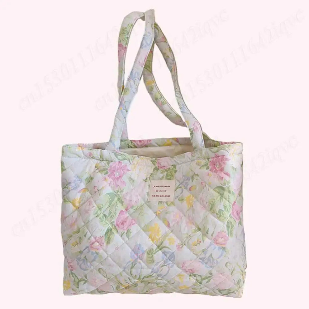 Women Quilted Diamond Lattice Handbag Floral Shoulder Bag Large Capacity Carrying Bag Stylish Commuting Bag Puffy Tote Handbag