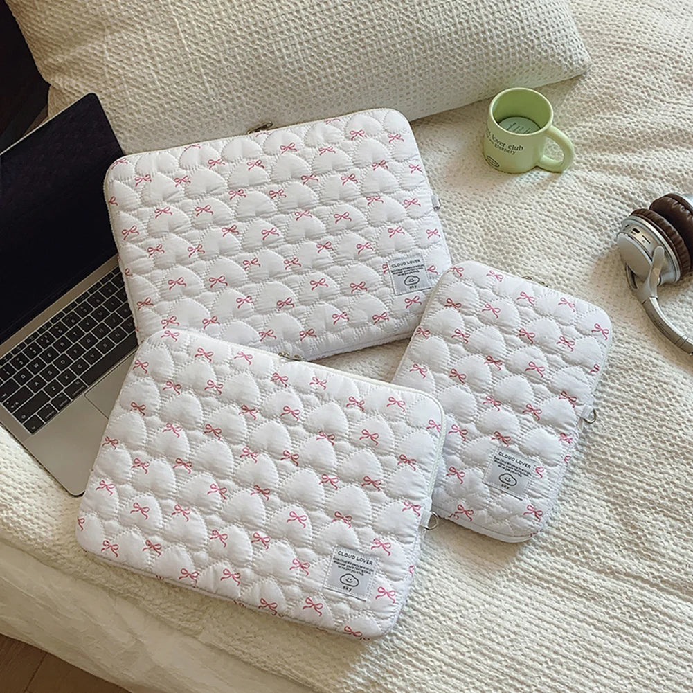 Bowknot Soft Pad Tablet Bag Embroidery Fluffy Padded Bag Shockproof Cute Quilted Laptop Sleeve Commute Work Study Bag