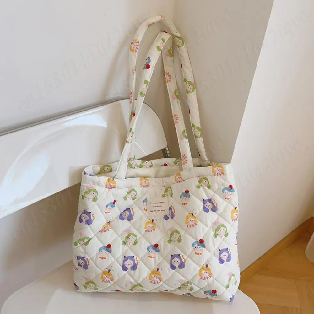 Women Quilted Diamond Lattice Handbag Floral Shoulder Bag Large Capacity Carrying Bag Stylish Commuting Bag Puffy Tote Handbag