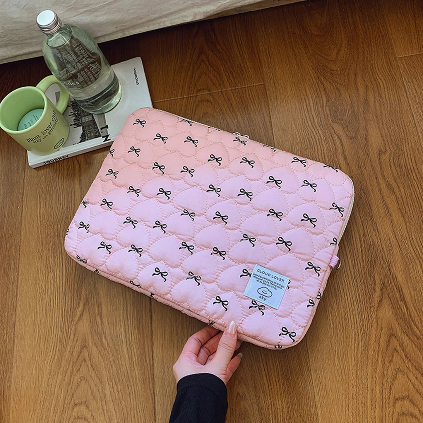 Bowknot Soft Pad Tablet Bag Embroidery Fluffy Padded Bag Shockproof Cute Quilted Laptop Sleeve Commute Work Study Bag