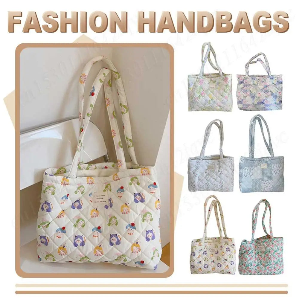 Women Quilted Diamond Lattice Handbag Floral Shoulder Bag Large Capacity Carrying Bag Stylish Commuting Bag Puffy Tote Handbag