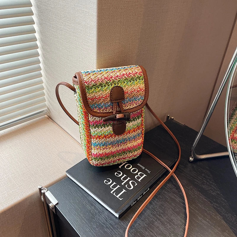 Straw Woven Small Crossbody Bag for Women Fashion Knitted Patchwork Phone Purse Summer Hand-Woven Chic Hobo Bag Ladies Sling Bag