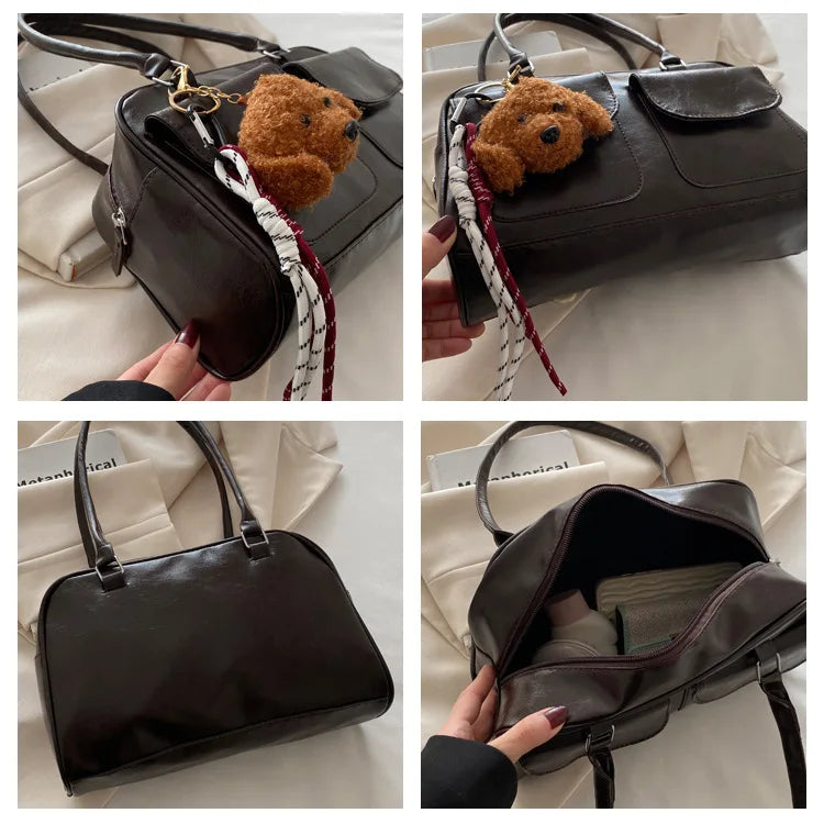 Large Capacity Brown Bowling Handbag Women's Shoulder Bag Retro Korean INS Style Autumn Winter New 2025 Fashion Trend Bag