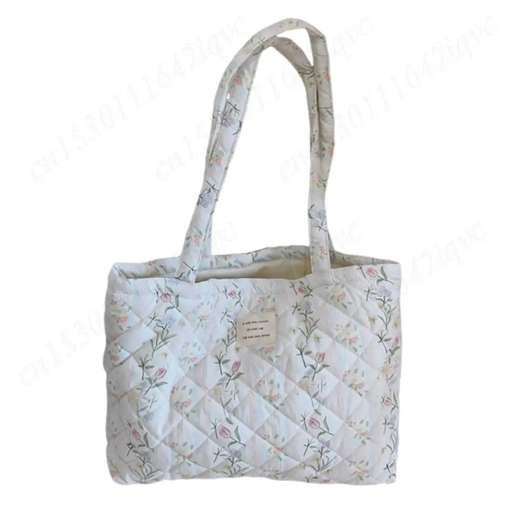 Women Quilted Diamond Lattice Handbag Floral Shoulder Bag Large Capacity Carrying Bag Stylish Commuting Bag Puffy Tote Handbag