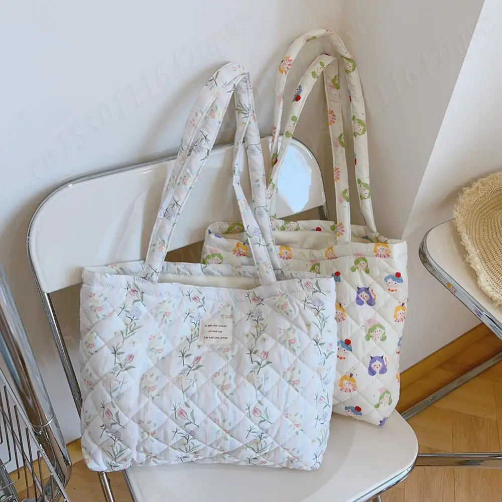 Women Quilted Diamond Lattice Handbag Floral Shoulder Bag Large Capacity Carrying Bag Stylish Commuting Bag Puffy Tote Handbag