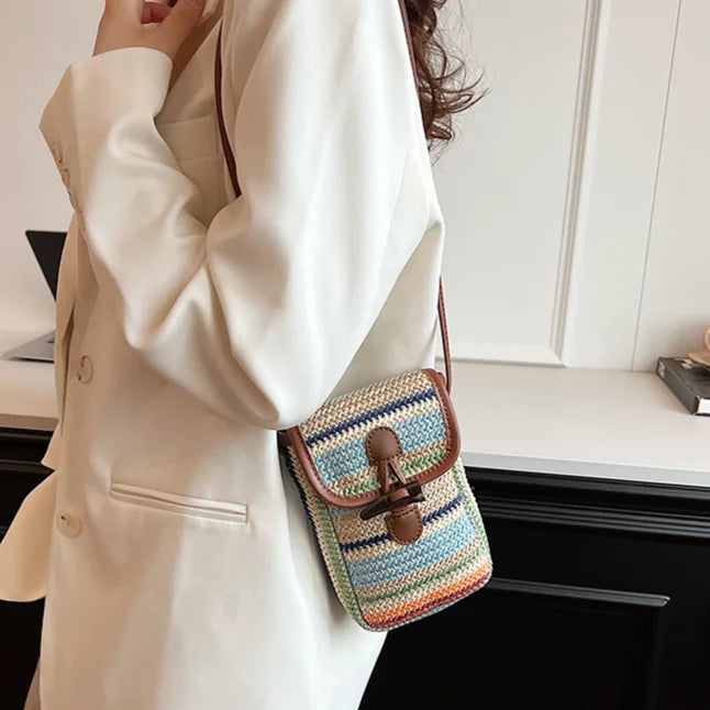 Straw Woven Small Crossbody Bag for Women Fashion Knitted Patchwork Phone Purse Summer Hand-Woven Chic Hobo Bag Ladies Sling Bag