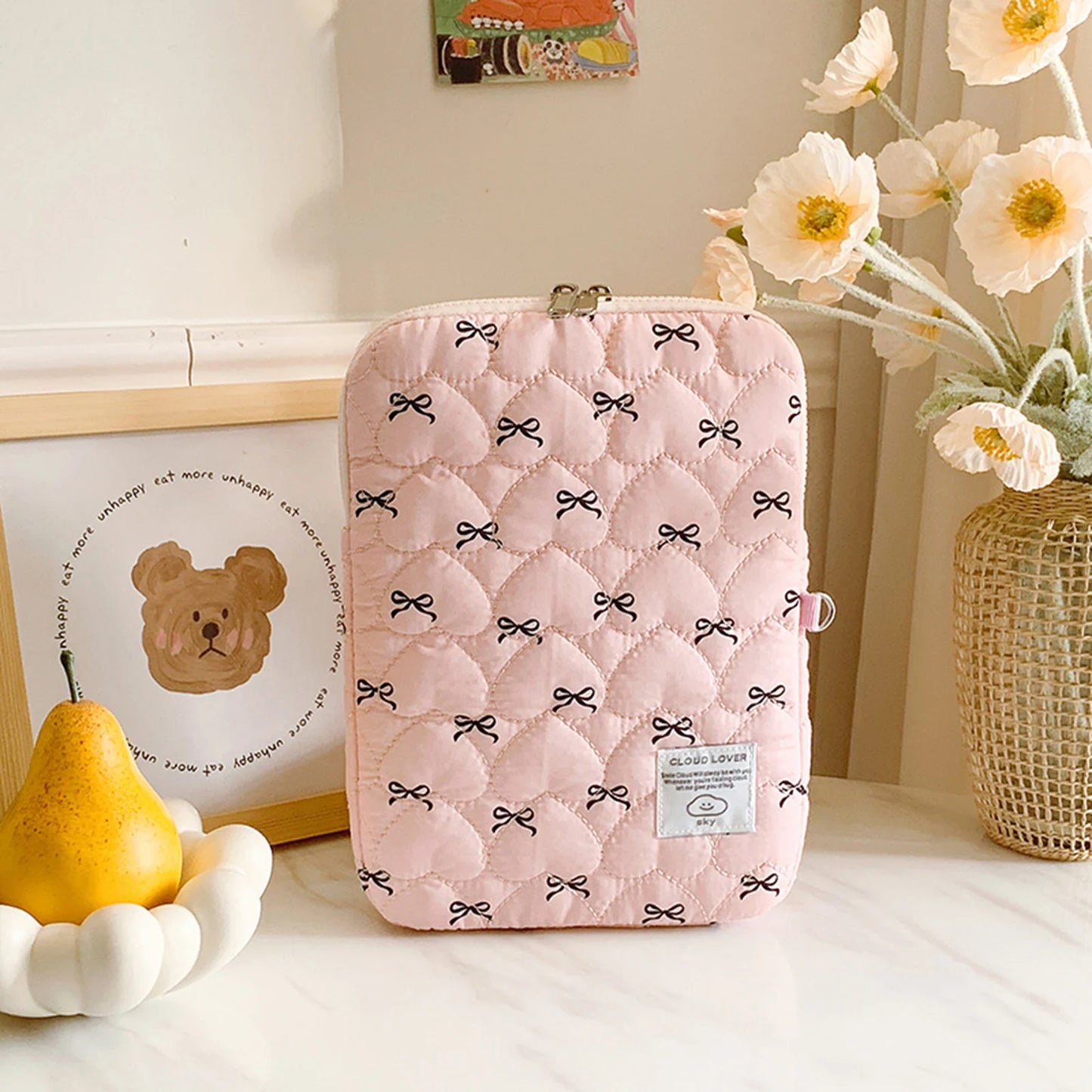 Bowknot Soft Pad Tablet Bag Embroidery Fluffy Padded Bag Shockproof Cute Quilted Laptop Sleeve Commute Work Study Bag
