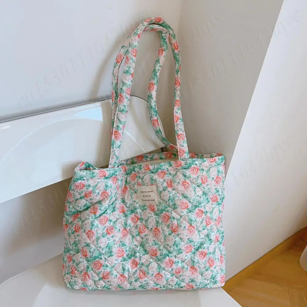 Women Quilted Diamond Lattice Handbag Floral Shoulder Bag Large Capacity Carrying Bag Stylish Commuting Bag Puffy Tote Handbag