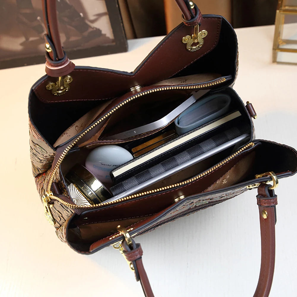Women Flower Leather Middle-aged Mother Bag Zipper Closure Carved Retro Handbag Large Capacity Top-handle Handbags Satchel Bag