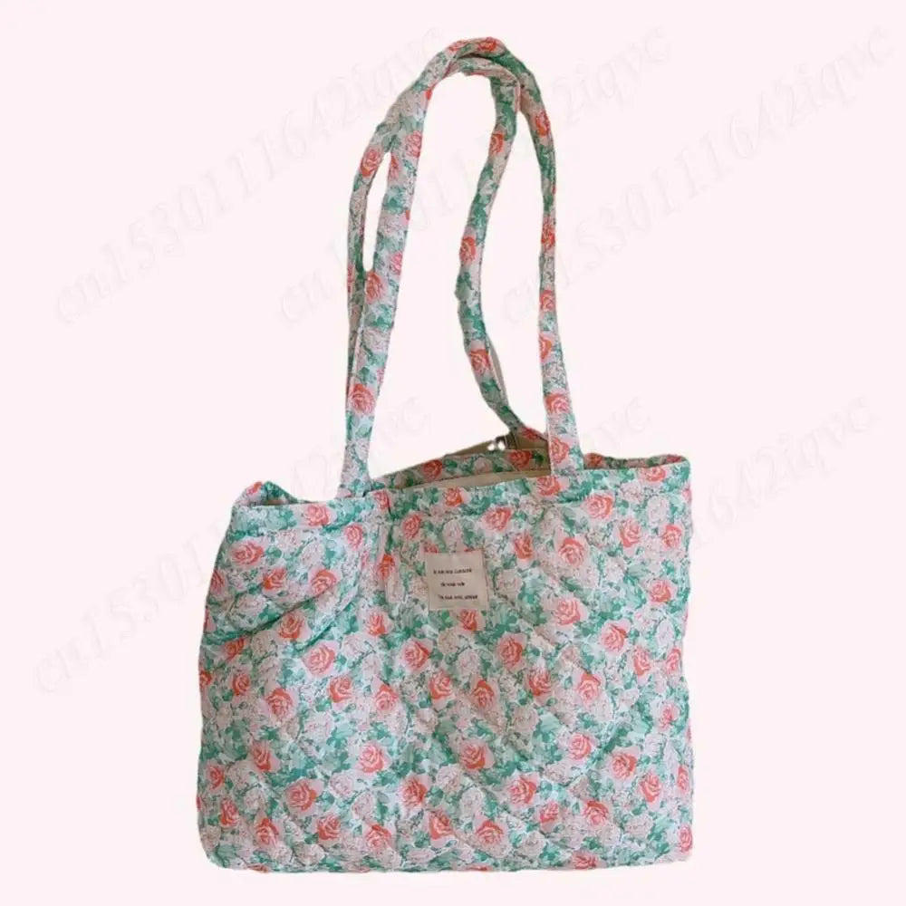 Women Quilted Diamond Lattice Handbag Floral Shoulder Bag Large Capacity Carrying Bag Stylish Commuting Bag Puffy Tote Handbag