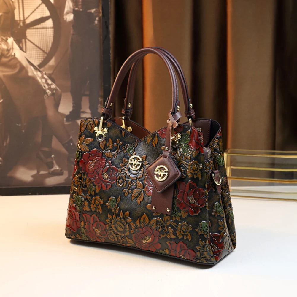 Women Flower Leather Middle-aged Mother Bag Zipper Closure Carved Retro Handbag Large Capacity Top-handle Handbags Satchel Bag