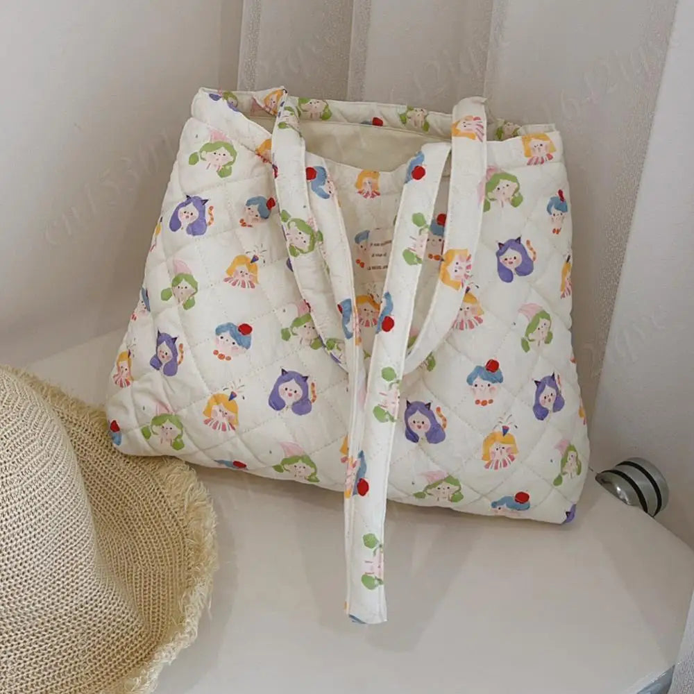 Women Quilted Diamond Lattice Handbag Floral Shoulder Bag Large Capacity Carrying Bag Stylish Commuting Bag Puffy Tote Handbag