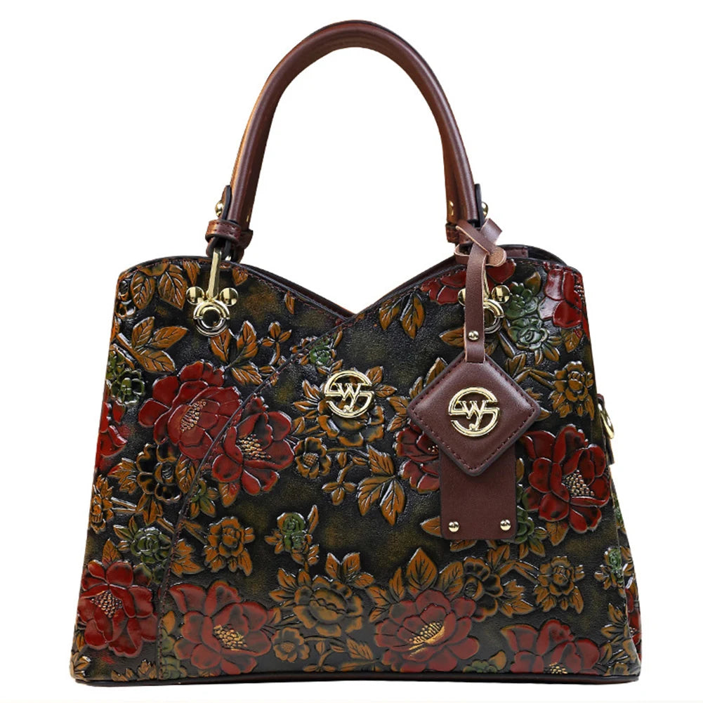Women Flower Leather Middle-aged Mother Bag Zipper Closure Carved Retro Handbag Large Capacity Top-handle Handbags Satchel Bag
