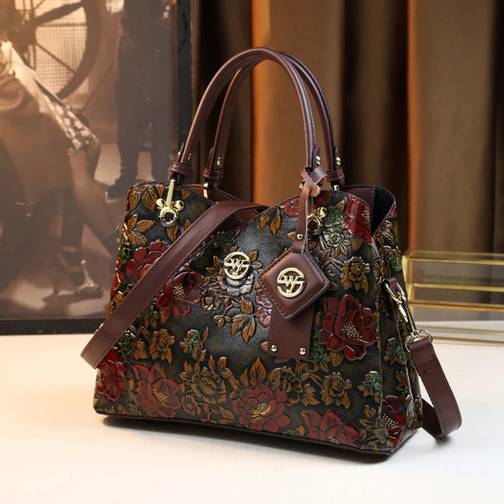 Women Flower Leather Middle-aged Mother Bag Zipper Closure Carved Retro Handbag Large Capacity Top-handle Handbags Satchel Bag