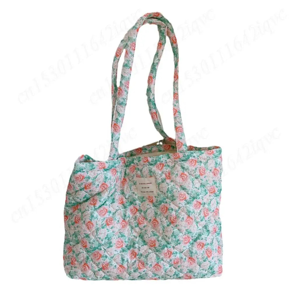 Women Quilted Diamond Lattice Handbag Floral Shoulder Bag Large Capacity Carrying Bag Stylish Commuting Bag Puffy Tote Handbag