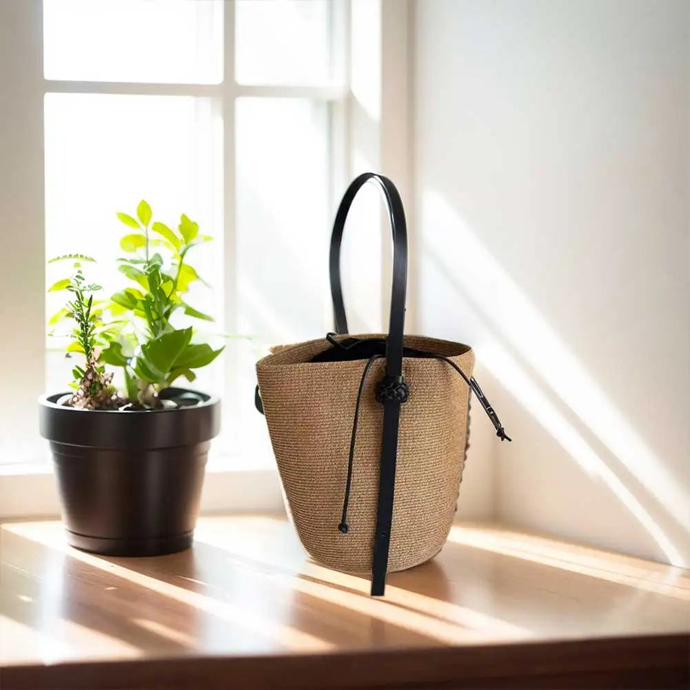 Woven Straw Bag for Women with Adjustable Strap Summer Beach Bag Solid Shoulder Bag Cute Handbag for Travel Shopping