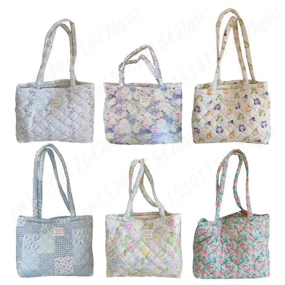 Women Quilted Diamond Lattice Handbag Floral Shoulder Bag Large Capacity Carrying Bag Stylish Commuting Bag Puffy Tote Handbag