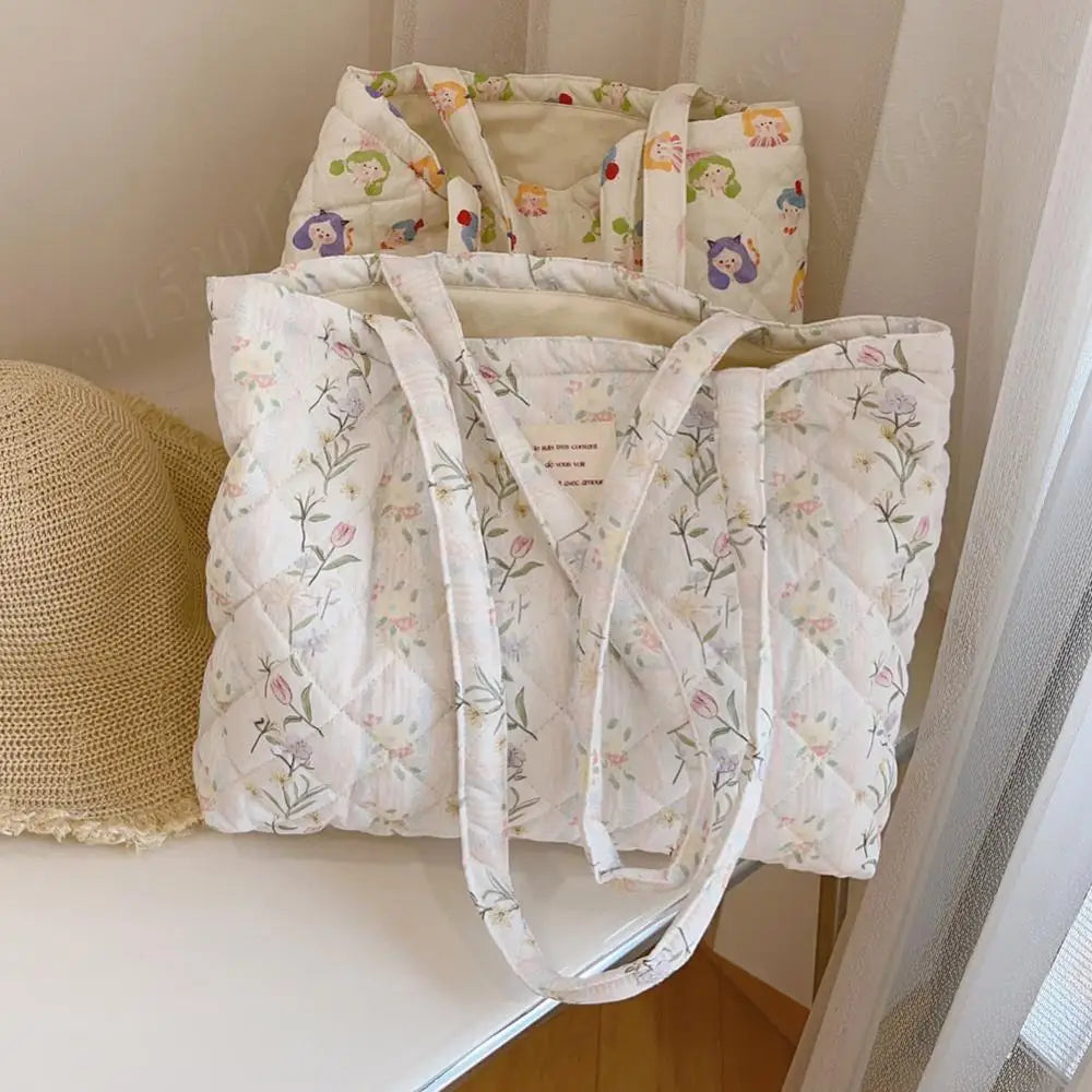 Women Quilted Diamond Lattice Handbag Floral Shoulder Bag Large Capacity Carrying Bag Stylish Commuting Bag Puffy Tote Handbag