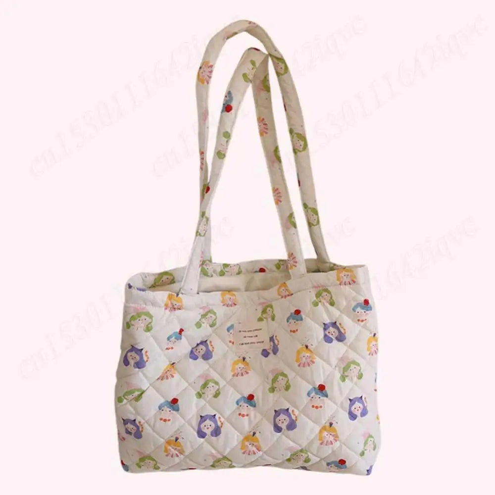 Women Quilted Diamond Lattice Handbag Floral Shoulder Bag Large Capacity Carrying Bag Stylish Commuting Bag Puffy Tote Handbag