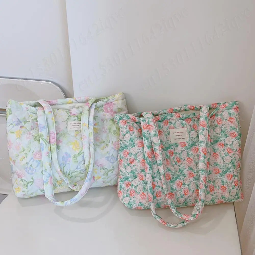 Women Quilted Diamond Lattice Handbag Floral Shoulder Bag Large Capacity Carrying Bag Stylish Commuting Bag Puffy Tote Handbag