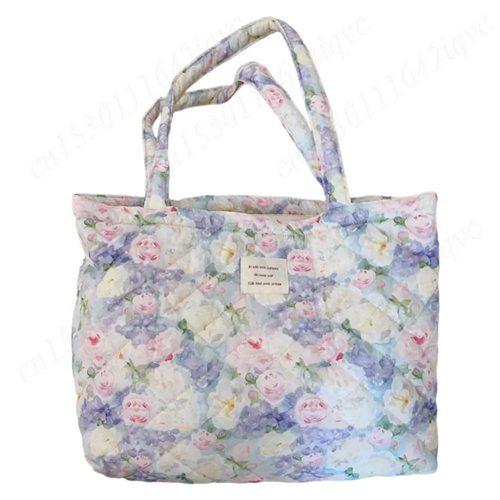 Women Quilted Diamond Lattice Handbag Floral Shoulder Bag Large Capacity Carrying Bag Stylish Commuting Bag Puffy Tote Handbag
