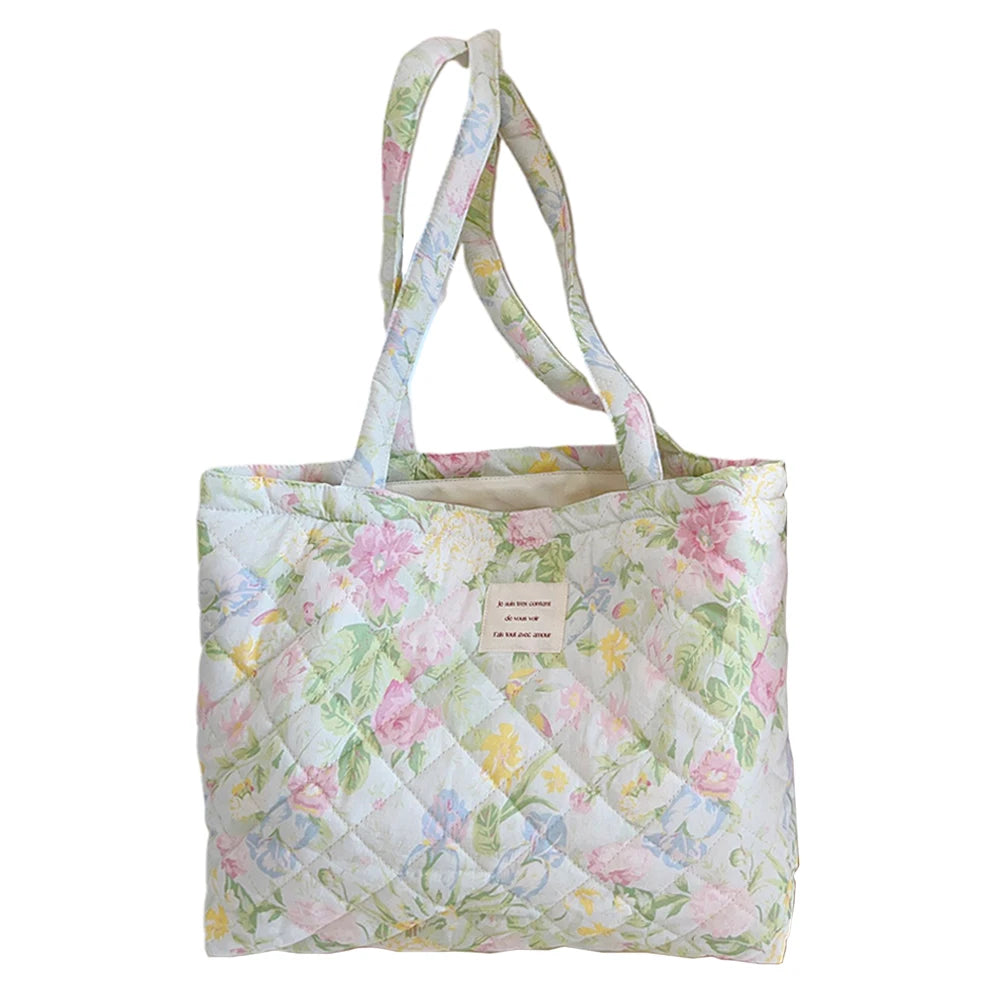 Women Quilted Diamond Lattice Handbag Floral Shoulder Bag Large Capacity Carrying Bag Stylish Commuting Bag Puffy Tote Handbag