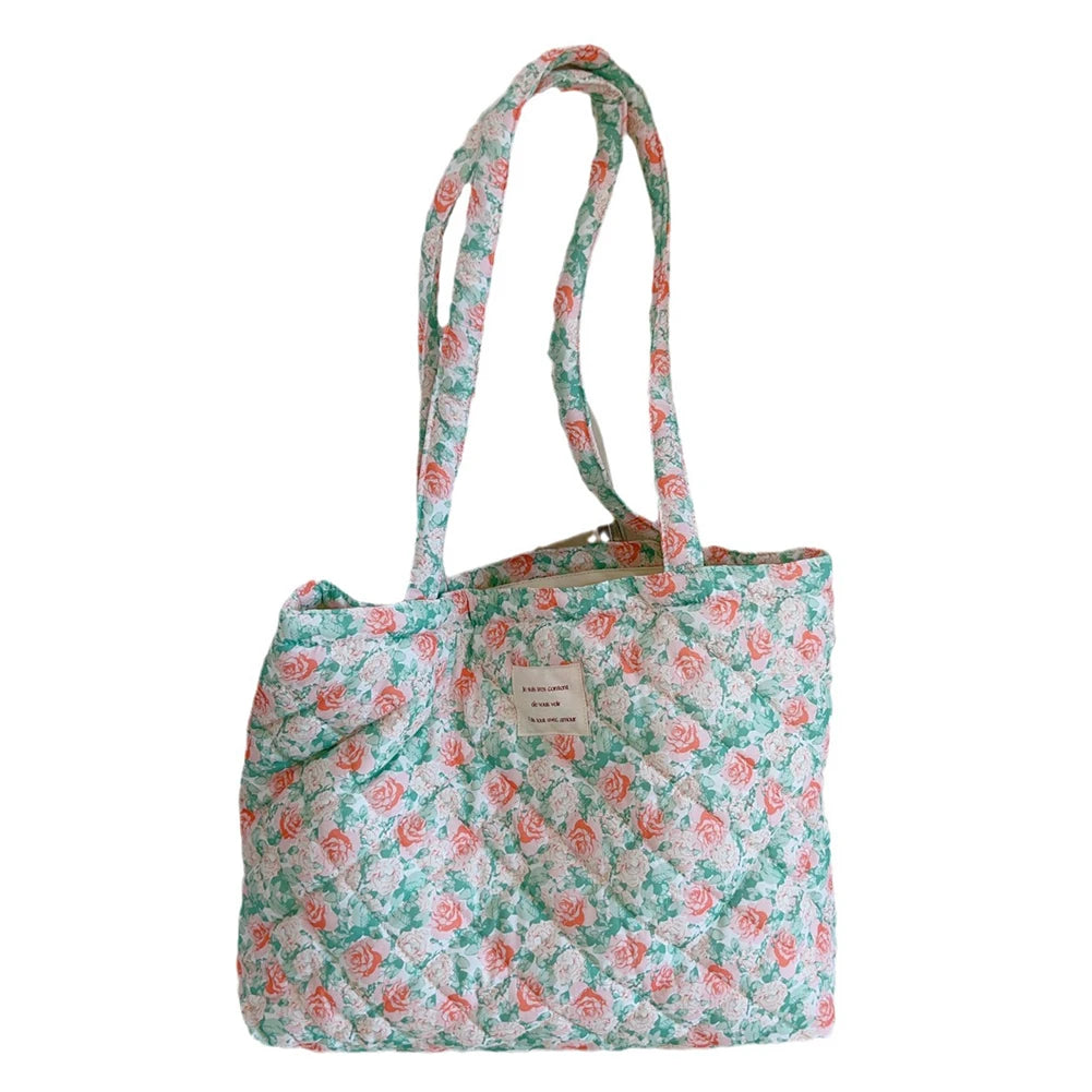 Women Quilted Diamond Lattice Handbag Floral Shoulder Bag Large Capacity Carrying Bag Stylish Commuting Bag Puffy Tote Handbag