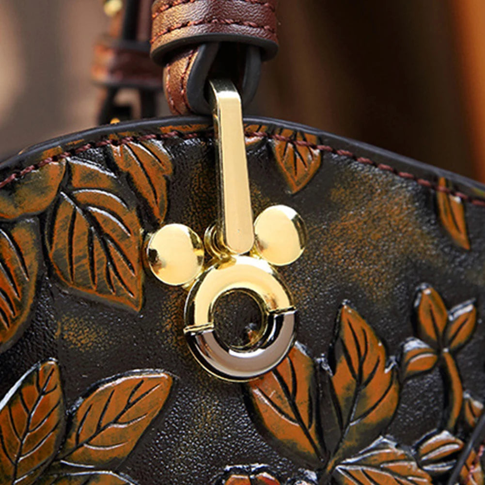 Women Flower Leather Middle-aged Mother Bag Zipper Closure Carved Retro Handbag Large Capacity Top-handle Handbags Satchel Bag